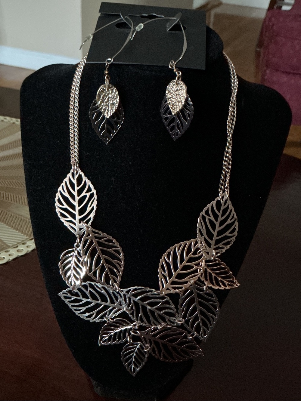 Silver Leaf Statement Necklace and Earrings Set